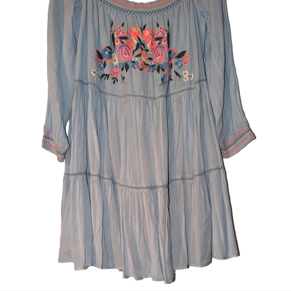 Free People Sunbeams Embroidered Boho Off Shoulder 3/4 Sleeve Lined Mini Dress - Picture 7 of 13